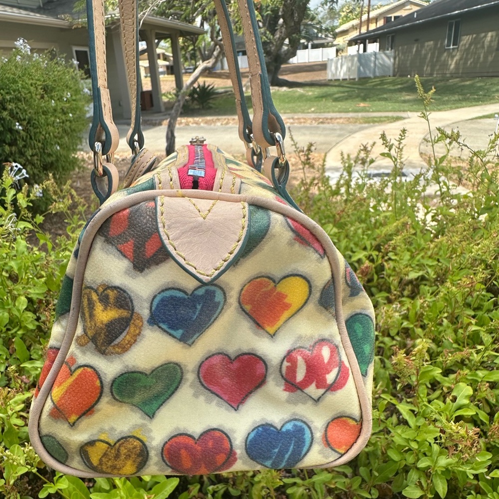 Dooney & Bourke Multicolor Heart Print Satchel - Pink, Blue, Yellow, Green, Red - Picture 4 of 8